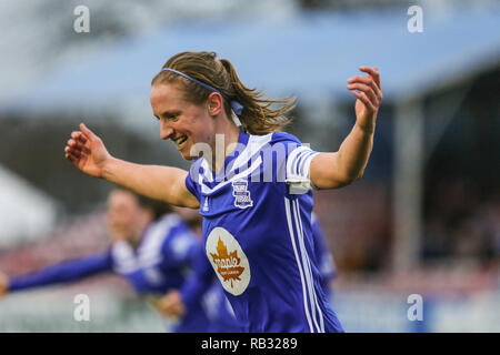 Solihull, Royaume-Uni. 6 janvier, 2019. Birmingham City's Kerys Harrop célèbre mettre son équipe en avance de 1-0 contre la lecture des femmes. Les femmes de la BCFC a gagné 2-1. Peter Lopeman/Alamy Live News Banque D'Images