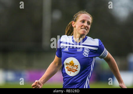 Solihull, Royaume-Uni. 6 janvier, 2019. Birmingham City's Kerys Harrop célèbre mettre son équipe en avance de 1-0 contre la lecture des femmes. Les femmes de la BCFC a gagné 2-1. Peter Lopeman/Alamy Live News Banque D'Images