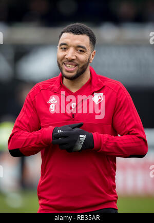 Woking, Royaume-Uni. 06 Jan, 2019. Troy Deeney de Watford en avant de la FA Cup 3ème tour entre Woking et Watford au stade de Kingfield, Woking, Angleterre le 6 janvier 2019. Photo par Andy Rowland. . (Photographie peut uniquement être utilisé pour les journaux et/ou magazines fins éditoriales. www.football-dataco.com) Crédit : Andrew Rowland/Alamy Live News Banque D'Images