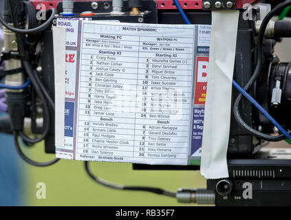 Woking, Royaume-Uni. 06 Jan, 2019. Enregistré à la vidéo de l'avant pour Capello de la FA Cup 3ème tour entre Woking et Watford au stade de Kingfield, Woking, Angleterre le 6 janvier 2019. Photo par Andy Rowland. . (Photographie peut uniquement être utilisé pour les journaux et/ou magazines fins éditoriales. www.football-dataco.com) Crédit : Andrew Rowland/Alamy Live News Banque D'Images