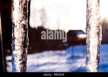 Beau Soleil briller dans les glaçons contre ciel bleu. Paysage de printemps avec des glaçons pendant de toit de maison. Gouttes de printemps les glaçons de dégoutter. La fonte Banque D'Images