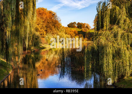 Lake et à l'automne feuillage en Moczydlo, parc pittoresque ville de Varsovie en Pologne Banque D'Images