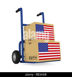 Boîtes en carton avec drapeau USA avec isolé Handtruck Banque D'Images