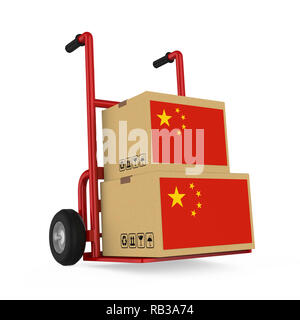 Boîtes de carton avec la Chine avec pavillon isolé Handtruck Banque D'Images