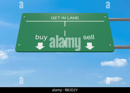 Obtenez dans Lane Business Concept : Acheter ou Vendre Panneau routier, 3d illustration Banque D'Images