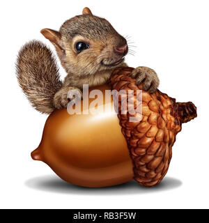 Écureuil drôle tenant un gland géant aux noix qu'une mine ou de riches métaphore de solutions financières et d'épargne dans un style 3D illustration. Banque D'Images
