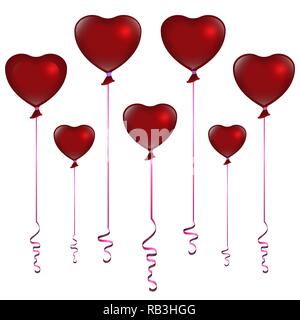 Valentines Day ballons rouges sur fond blanc, jolie toile romantique pour le web et print vector illustration. Modèle de carte de vœux, invita de mariage Illustration de Vecteur