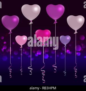 Valentines Day argent, rose et violet violet foncé et des ballons sur fond bleu profond, jolie toile romantique pour le web et print vector illustration. Illustration de Vecteur