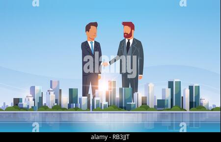 Deux businessman partenaires accord fructueux business deal concept de secousses plus grande ville moderne building skyscraper cityscape skyline plate horizontale Illustration de Vecteur