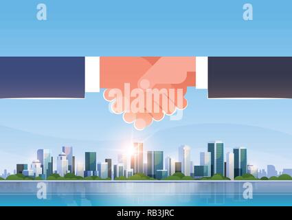 Agiter la main poignée de l'icône de l'accord de partenariat sur la coopération réussie concept grande ville moderne cityscape gratte-ciel skyline plate horizontale Illustration de Vecteur