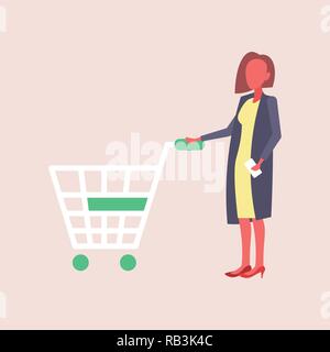 Woman holding trolley panier achat produits big shopping concept supermarché femelle personnage télévision pleine longueur isolée Illustration de Vecteur