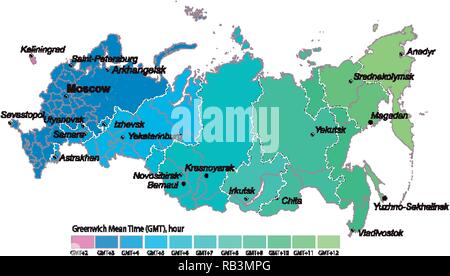 Carte des fuseaux horaires par la Russie. Heure GMT UTC Standart Illustration de Vecteur