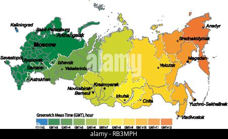 Carte des fuseaux horaires par la Russie. Heure GMT UTC Standart Illustration de Vecteur