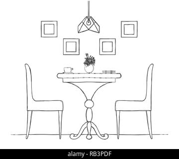 Une partie de la salle à manger. Table ronde et chaises.Sur la table vase de fleurs. Croquis dessinés à la main.Vector illustration Illustration de Vecteur