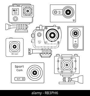 Régler l'appareil photo, caméra sport action isolé sur fond blanc. Vector illustration en ligne . Illustration de Vecteur