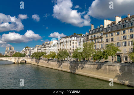 Les immeubles à appartements avec volets en bois blanc donnant sur la Seine sur l'Île Saint-Louis, avec la Cathédrale Notre-Dame à la distance à Paris Banque D'Images