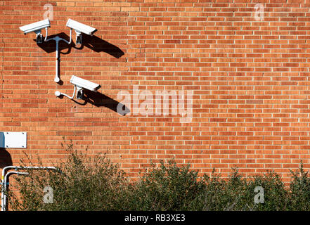 Trois caméras de sécurité organisé et monté sur un mur de brique rouge avec des arbres encadrant le bas du cadre et ouvrir l'espace négatif pour le texte Banque D'Images