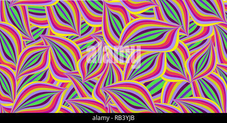 Lumineuse transparente motif estival coloré en violet, rose, jaune, vert ou les feuilles. Les vagues abstraites textile dynamique imprimer avec ornement pétale illustra. Banque D'Images