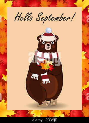 Personnage de illustration de cute bear en écharpe en tricot blanc et feuilles d'érable hat holding bouquet à paws encadrée de l'automne couleur border fram Banque D'Images