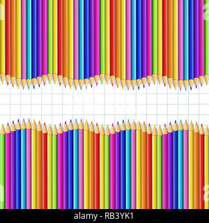 Square frame ondulés faits de bois multicolore crayons lignes sur fond blanc papier millimétré. Retour à l'école en bordure de cadre conceptuel du modèle Banque D'Images