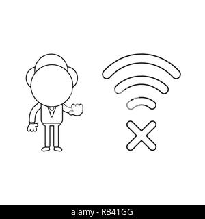 Vector illustration concept de caractère avec connexion Wi-Fi au réseau local sans fil d'affaires avec le symbole x marque et montrant le feu stop. Contour noir. Illustration de Vecteur