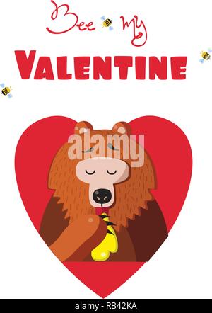 Être mon valentin carte de souhaits de cute cartoon illustration vecteur ours miel de table de caractères à l'intérieur du coeur rouge et les abeilles autour de isolated on white ba Illustration de Vecteur
