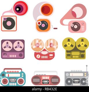 Gramophone et lecteur de cassette télévision vector icons isolé sur un fond blanc. Boom Box, magnétophone et gramophone. Illustration de Vecteur