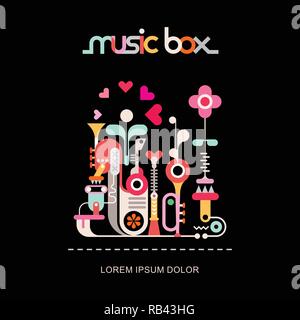 Music Box vector illustration isolé sur un fond noir. Texte décoratif de l'architecture. Abstract art design avec des instruments de musique, flyer templa Illustration de Vecteur