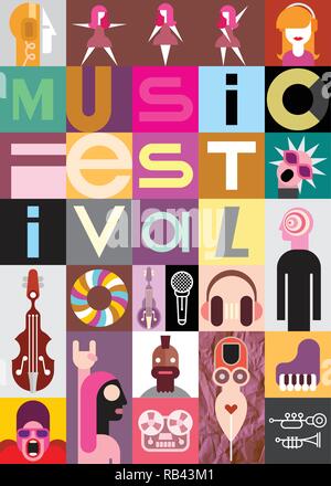 Collage d'images vectorielles diverses avec un thème musical avec le Festival de musique du texte. Illustration de Vecteur