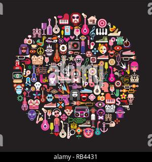 Forme ronde art collage de multitude d'objets et icônes de couleur sur fond noir. Vector illustration. Illustration de Vecteur