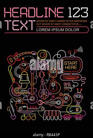 Les couleurs néon sur fond noir Studio d'enregistrement futuriste illustration vectorielle. Flyer design polyvalent, modèle de couverture de magazine format A4. Illustration de Vecteur