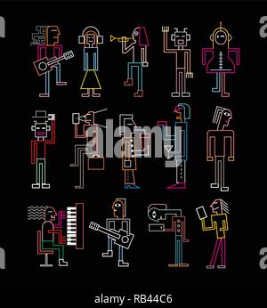 Les couleurs néon gens silhouettes isolé sur un fond noir. Vector illustration. Illustration de Vecteur