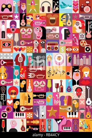 Art collage, vector illustration musicale. Fond d'écran transparent patchwork. Illustration de Vecteur