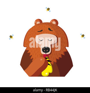 Cute cartoon caractère ours miel de table à partir de la patte et les abeilles volant autour d'isolé sur fond blanc. illustration clip art, icône, logo, autocollant. Banque D'Images