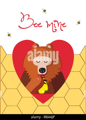 Carte de souhaits St-valentin mine d'abeilles de cute cartoon illustration ours miel de table de caractères à l'intérieur du coeur rouge et les abeilles autour sur nid d'arrière-plan Banque D'Images