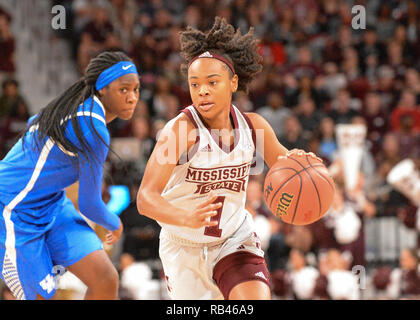 Starkville, MS, États-Unis d'Amérique. 06 Jan, 2019. La garde de l'État du Mississippi, Myah Taylor (1), dans l'action au cours de la Basket-ball match entre les Wildcats de Kentucky et la Mississippi State Bulldogs à Humphrey Coliseum de STARKVILLE, MS. État du Mississippi a battu New York, 86-71. Kevin Langley/CSM/Alamy Live News Banque D'Images