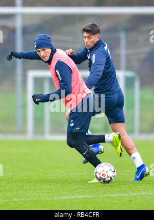 Zuzenhausen (, Allemagne. 07Th Jan, 2019. Soccer : la Bundesliga, le TSG 1899 Hoffenheim, formation sur un terrain de sport du centre de formation. Hoffenheim's Steven Zuber (l) et de Nadiem Amiri lutte pour la balle. Credit : Uwe Anspach/dpa/Alamy Live News Banque D'Images