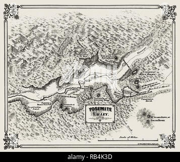 La reproduction de 1860 restaurée carte antique de la vallée Yosemite. Début de l'guide de la région avec les deux américains et européens d'origine des noms de lieux. Publié en 1868. Banque D'Images