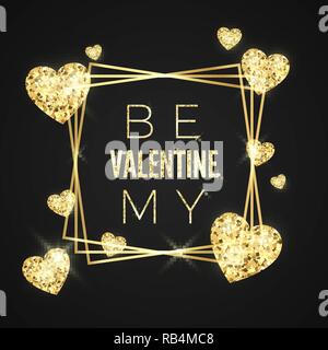Happy Valentines Day vector carte de vœux. Cadre doré, coeur et texte sur fond noir. Maison de l'or de l'affiche. Concept pour bannière Valentines. Vecto Illustration de Vecteur