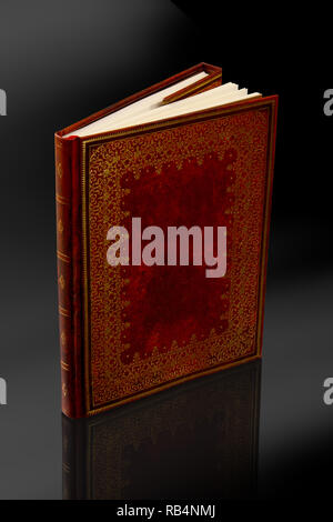 Livre journal vintage avec de vieux cuir rouge avec cadre décoratif or texture Banque D'Images