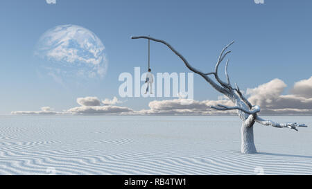 Surreal désert blanc. L'homme en costume blanc est pendu sur un arbre sec. Banque D'Images