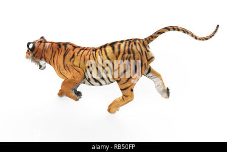 Tigre du Bengale dangereuses et rugissant sautant isolé sur fond blanc, avec chemin de détourage, 3d illustration. Banque D'Images