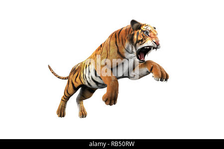 Tigre du Bengale dangereuses et rugissant sautant isolé sur fond blanc, avec chemin de détourage, 3d illustration. Banque D'Images