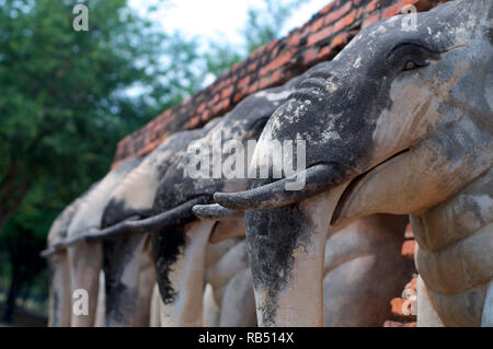 Close up photo de l'éléphant de sculpure Wat Chang Lom dans le parc historique de Sukhothai, Thaïlande Banque D'Images