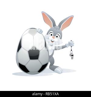 Sports Pâques carte de vœux. Lapin mignon avec des oeufs et de soccer de sifflet. Vector illustration. Illustration de Vecteur