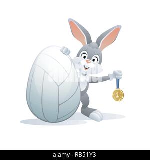 Sports Pâques carte de vœux. Lapin mignon avec volley-ball l'Œuf et la médaille d'or. Vector illustration. Illustration de Vecteur