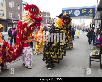 Festival Climax of Lion Dance. Lion « mange » de la nourriture, des légumes et les crache, ce qui porte bonne chance aux propriétaires de magasin pour le nouvel an chinois à New York, 2017. Banque D'Images