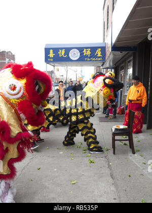 Festival Climax of Lion Dance. Lion « mange » de la nourriture, des légumes et les crache, ce qui porte bonne chance aux propriétaires de magasin pour le nouvel an chinois à New York, 2017. Banque D'Images