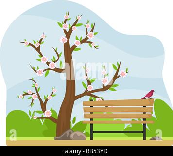 Paysage de printemps. Ruelle dans le parc avec un banc et une lanterne. Arbre en fleurs. Journée ensoleillée. Télévision cartoon style. Illustration de Vecteur