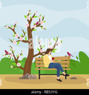 Paysage de printemps. Ruelle dans le parc avec un banc et une lanterne. Fille de boire du café. Arbre en fleurs. Journée ensoleillée. Télévision cartoon style. Illustration de Vecteur